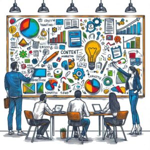 Ilustração de uma equipe criando conteúdo digital.