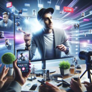 Influenciador digital promovendo um produto para seu público.