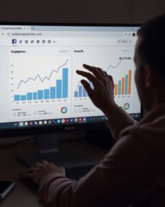 Profissional analisando gráficos de engajamento no Facebook.