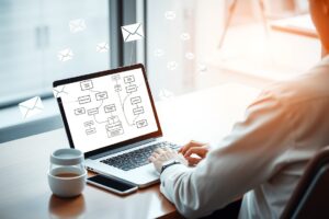 Conceito de inteligência artificial aplicada ao marketing digital e automação de e-mails.