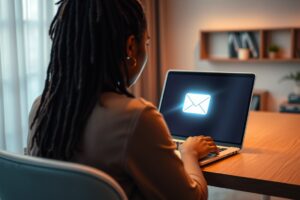 Ambiente profissional com laptop aberto mostrando uma campanha de e-mail marketing sendo criada.