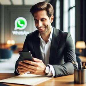 Empresário respondendo clientes pelo WhatsApp Business em um ambiente moderno.