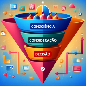 Ilustração conceitual de um funil de vendas, mostrando as etapas de atração, nutrição e conversão de clientes.