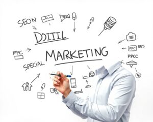 Profissional de marketing analisando dados em um laptop para criar uma estratégia digital.