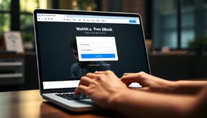 Representação visual de um visitante inserindo seu e-mail em uma landing page para receber um material gratuito.