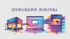 Representação artística da evolução digital de empresas ao longo do tempo.