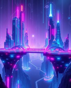 Uma ponte tecnológica conectando dois mundos digitais, simbolizando a importância dos backlinks.