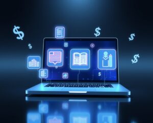 Venda de produtos digitais através de cursos online e e-books.