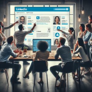 Equipe de profissionais visualizando uma página de empresa no LinkedIn.