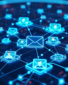 Representação artística do processo de nutrição de leads por meio de e-mails automatizados.