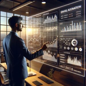 Profissional analisando métricas de automação de e-mails em um painel digital.