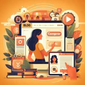 Ilustração conceitual da venda de produtos digitais em um blog.