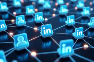 Imagem de múltiplas conexões sendo feitas no LinkedIn com ícones de pessoas e conexões se espalhando