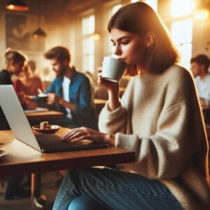 Freelancer trabalhando remotamente em um café aconchegante
