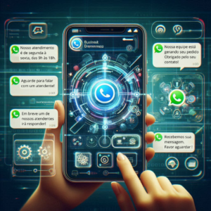 Demonstração visual de mensagens automáticas sendo enviadas no WhatsApp Business.