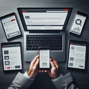 Profissional testando a responsividade de um e-mail em dispositivos móveis.