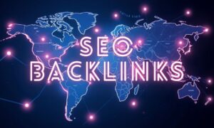 Um mapa-múndi estilizado com conexões digitais entre diferentes países, representando o alcance global dos backlinks