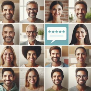 Mosaico com rostos reais de clientes e depoimentos curtos.