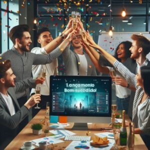 Equipe comemorando o lançamento de um produto digital inovador.
