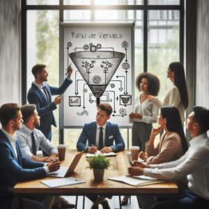 Cena de um grupo de empreendedores analisando um funil de vendas desenhado em um quadro branco.