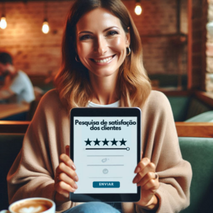 : Cliente dando feedback sobre um novo produto digital.