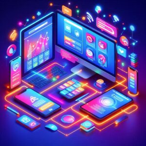 Interação multicanal simbolizando a presença digital integrada da empresa. Presença Digital