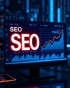 Tela de computador mostrando um gráfico crescente e conexões entre sites, destacando o impacto dos backlinks.