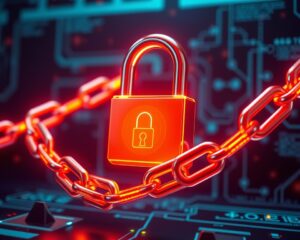 Cadeado tecnológico sendo aberto por uma chave feita de links, representando a importância da construção de backlinks seguros.