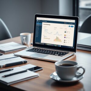 Laptop com tela exibindo um envio de e-mail bem-sucedido, representando alta taxa de conversão.
