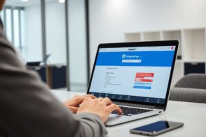 Empresário configurando uma página de empresa no LinkedIn em um laptop