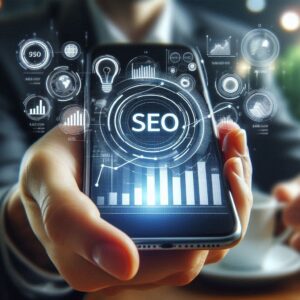 Mão segurando um smartphone mostrando gráficos de SEO.