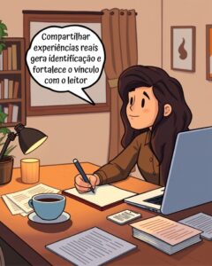 Cena realista de uma pessoa aplicando conhecimento prático na criação de conteúdo digital.