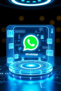 Representação visual de captação de leads pelo WhatsApp com ícones de contato e mensagens.