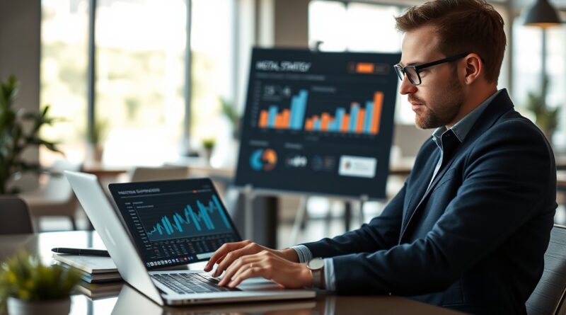 Profissional de Marketing analisando estratégias de marketing digital.