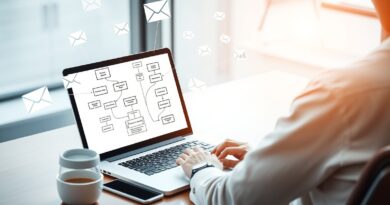 Conceito de inteligência artificial aplicada ao marketing digital e automação de e-mails.