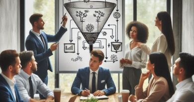 Cena de um grupo de empreendedores analisando um funil de vendas desenhado em um quadro branco.
