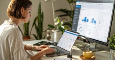 Empreendedor digital trabalhando em um ambiente moderno e tecnológico.