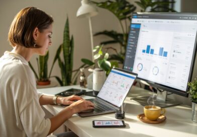 Empreendedor digital trabalhando em um ambiente moderno e tecnológico.