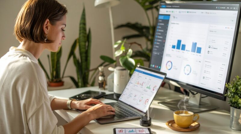 Empreendedor digital trabalhando em um ambiente moderno e tecnológico.