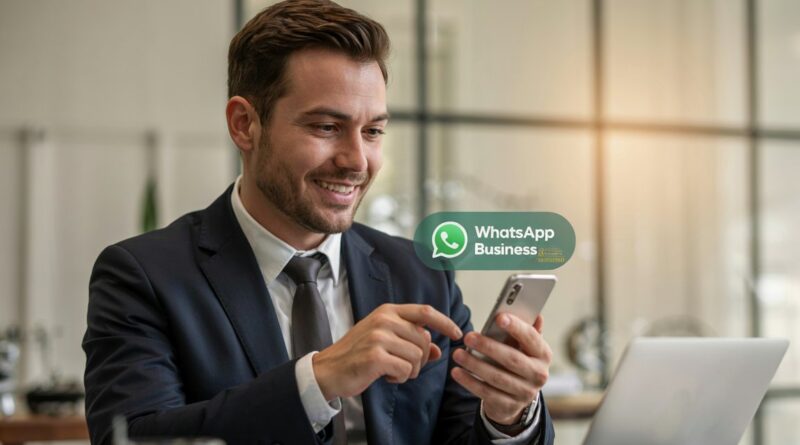 Empresário utilizando o WhatsApp Business para atendimento profissional.