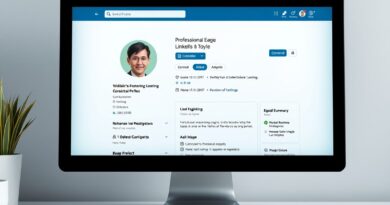 Desenho futurista de interações no LinkedIn, com símbolos de conexões e negócios