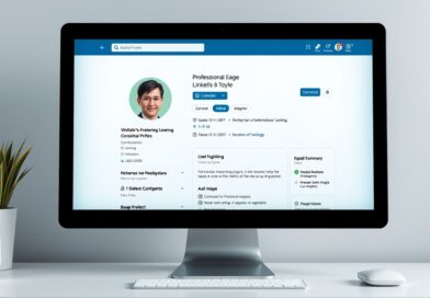 Desenho futurista de interações no LinkedIn, com símbolos de conexões e negócios