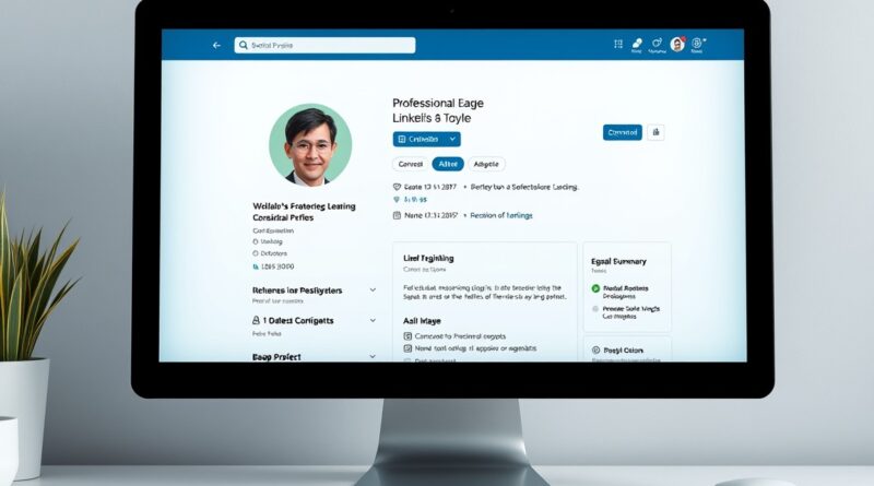 Desenho futurista de interações no LinkedIn, com símbolos de conexões e negócios