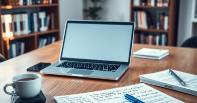 Ambiente moderno de trabalho digital com laptop e anotações estratégicas