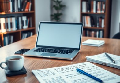 Ambiente moderno de trabalho digital com laptop e anotações estratégicas