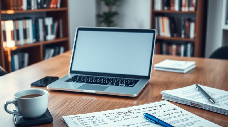 Ambiente moderno de trabalho digital com laptop e anotações estratégicas