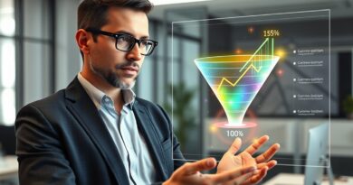 Empresário satisfeito observando o crescimento das vendas através de um funil automatizado.