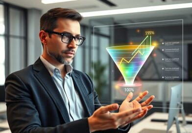 Empresário satisfeito observando o crescimento das vendas através de um funil automatizado.