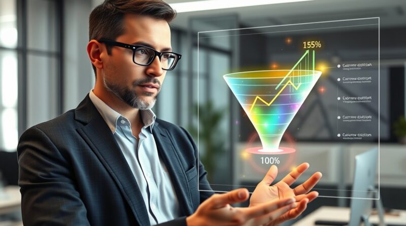 Empresário satisfeito observando o crescimento das vendas através de um funil automatizado.