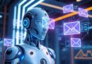 Pessoa analisando um fluxo de automação de e-mails em um laptop, com gráficos e ícones representando marketing digital.